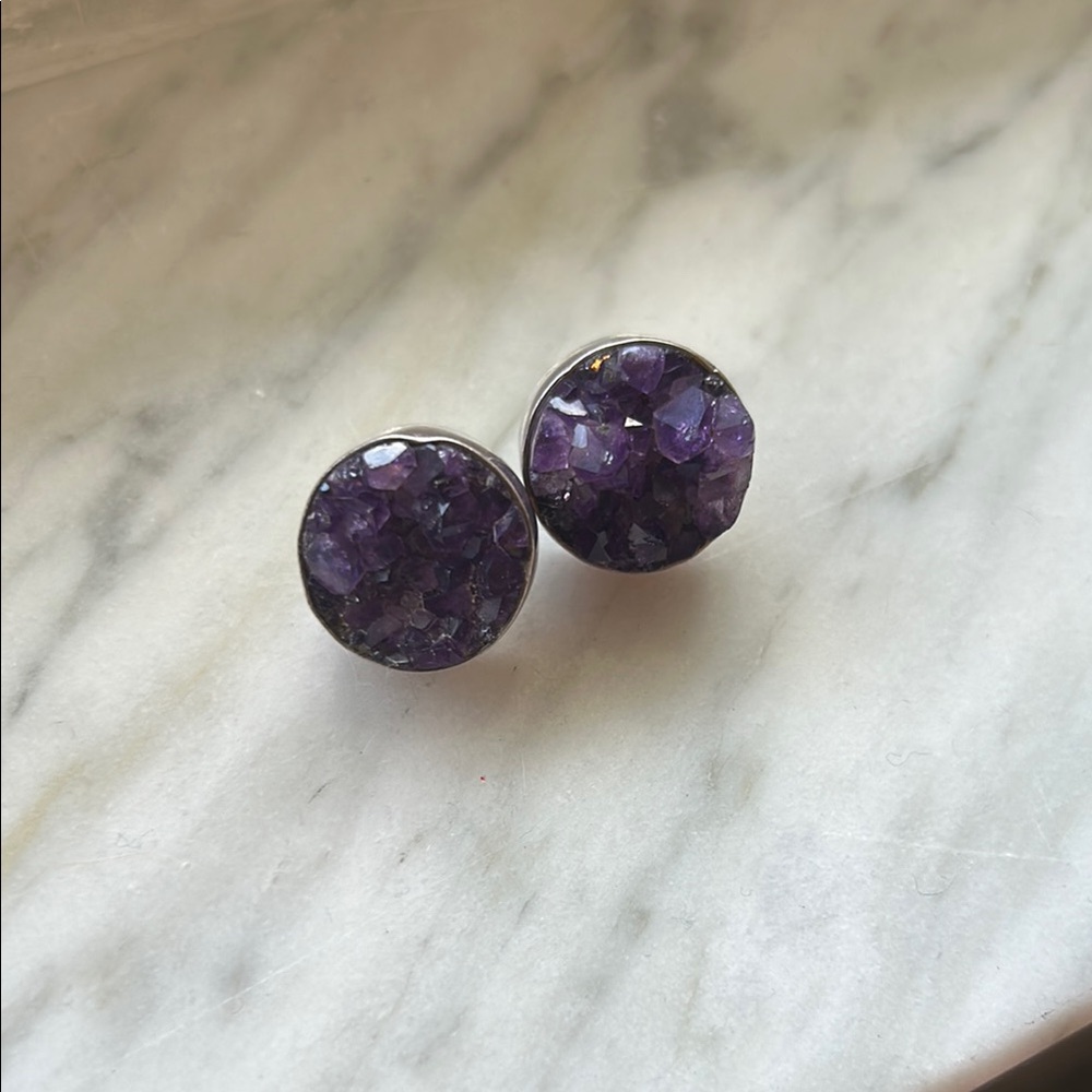 Charles Albert Sterling Silver And Raw Amethyst Stud Earrings